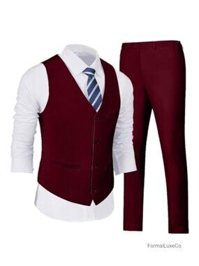 Mens 2 Piece Suit Vest and Pants Set V-Neck Slim Fit Waistcoat